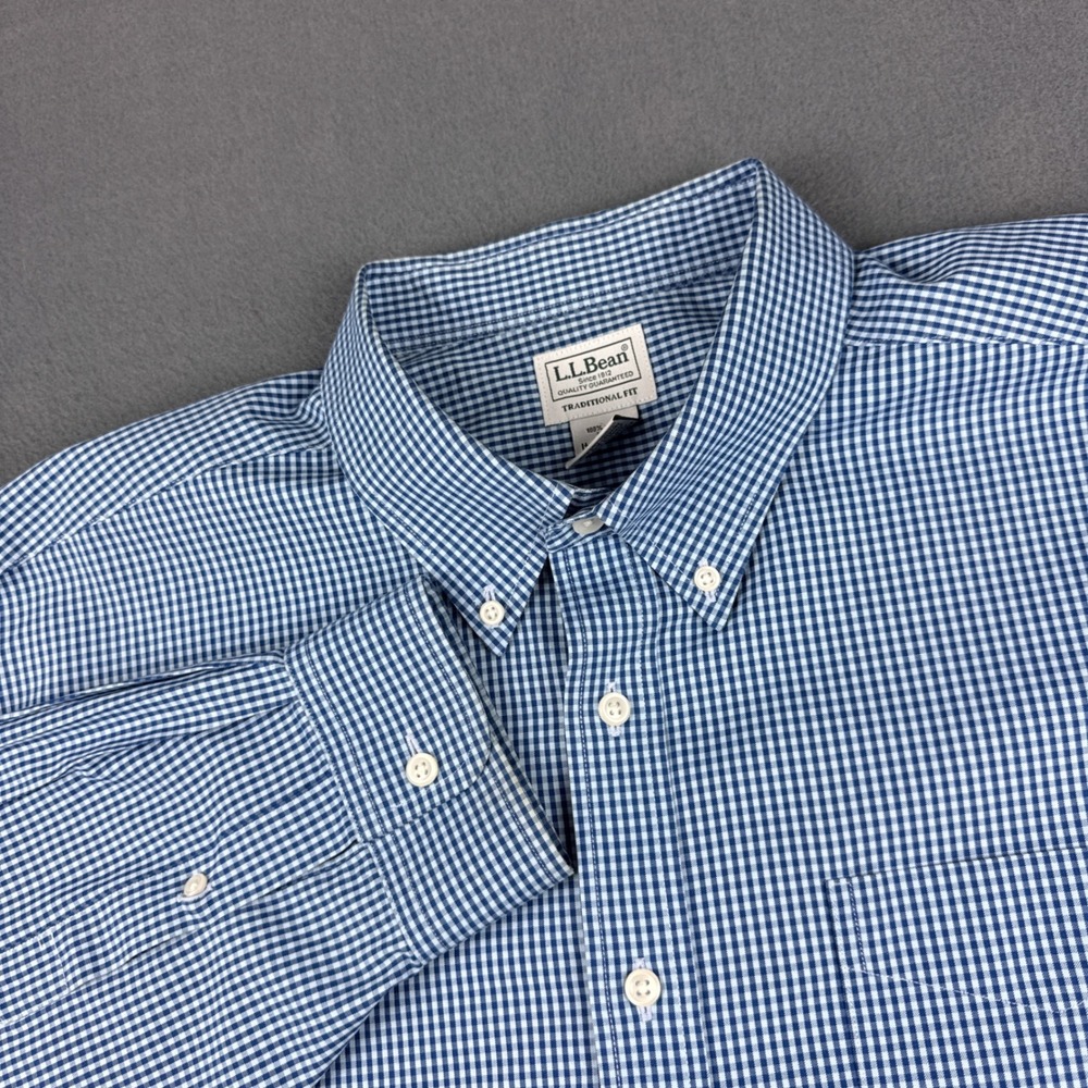 LL Bean Pinpoint Oxford Shirt Men's 18-37 Blue Gingham Check Plaid OCBD Wrinkle